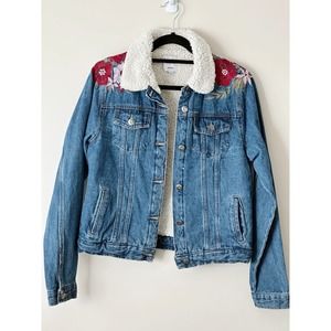 Women’s Medium Love Tree Floral Embroidered Sherpa Lined Denim Jean Jacket